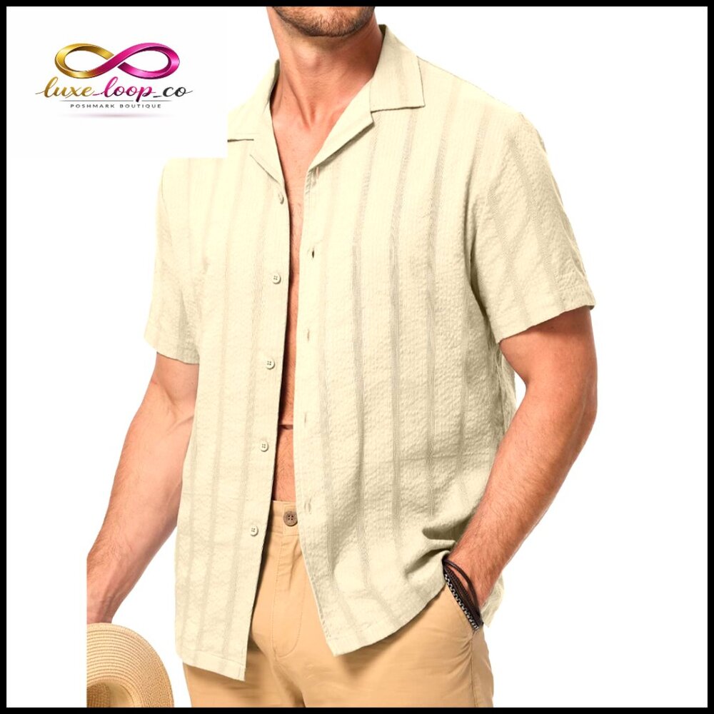 Men's Short Sleeve Button Down Cotton Shirt Casual Seersucker Texture
